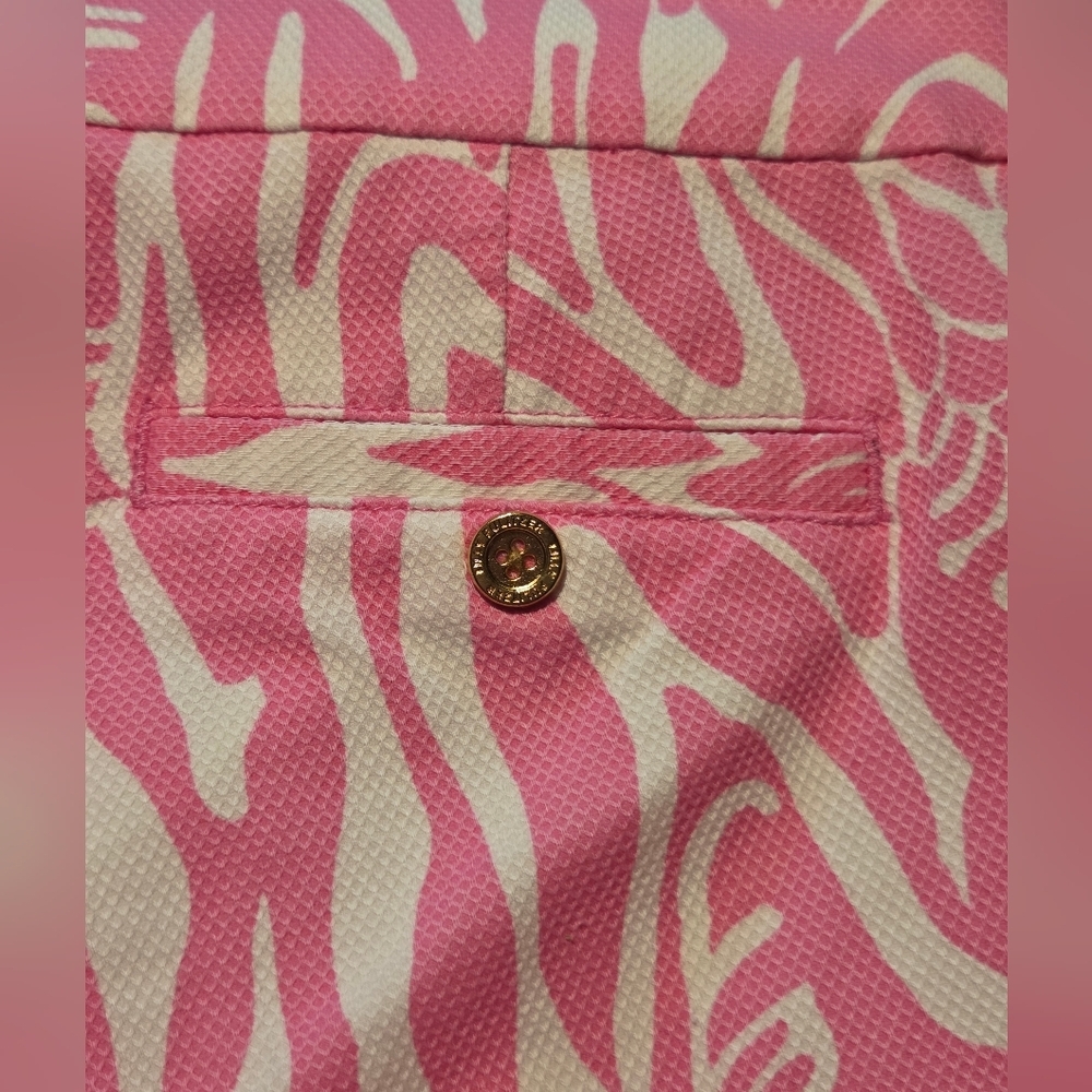 Lilly Pulitzer Palm Beach Fit Cropped Pants Pink Palm Sz 4 Gold Button Preppy - Picture 9 of 12